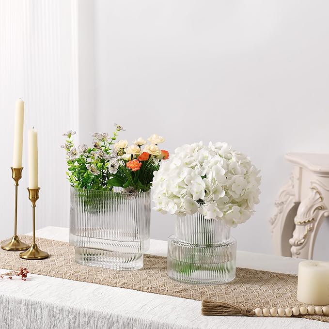 Ribbed Glass Vases, Set of 2 Fluted Vases for Flowers, Clear Vase for Tulips, Modern Glass Vase for Living Room, Dining Table, Office, Entryway, Mantle, Bookshelf, Wedding Gifts