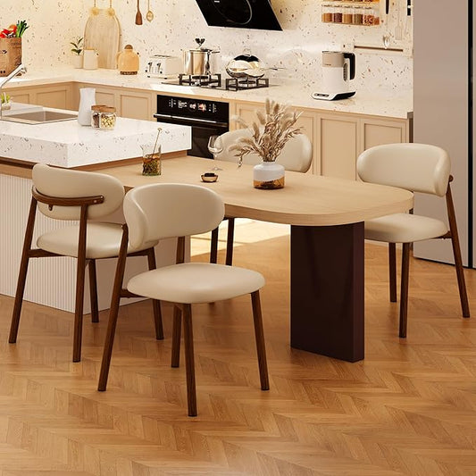 Kitchen Dining Chairs Set of 4 Modern Upholstered Leather Dining Room Chair with Metal Legs, Walnut/Khaki