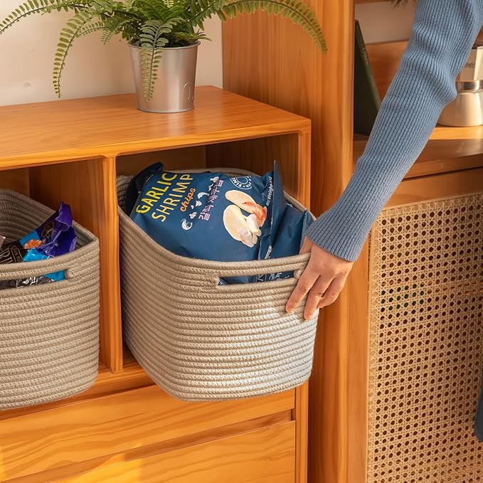 OIAHOMY 4 Pack Storage Baskets for Organizing, Cube Storage Bins for Shelves, Rectangle Storage Baskets With Handles, Woven Baskets for Storage, 12.7''Lx9''Wx7.8''H, Yellow