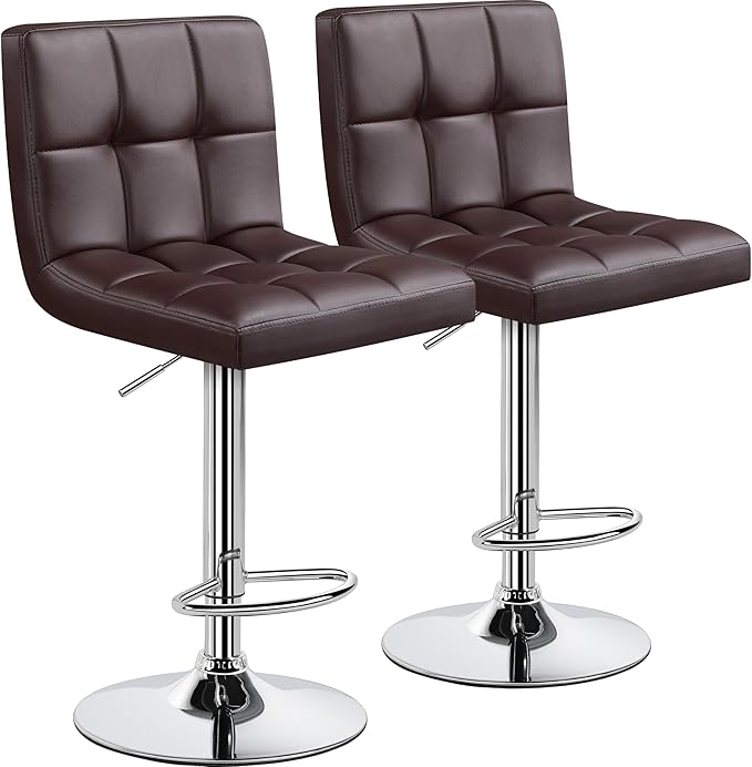 Yaheetech Bar Stools Set of 2, Adjustable PU Leather Swivel Barstools, Modern Counter Stools with Back and Footrest, Counter Height Barstools for Bar, Kitchen, Dining Room, Brown