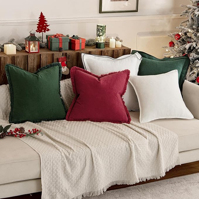 MIULEE Christmas Decorative Throw Pillow Covers Neutral Linen Fringe Throw Pillows Set of 2 Army Green Boho Farmhouse Cushion Covers with Tassels for Couch Sofa Bed Living Room Home Decor 20x20 Inch
