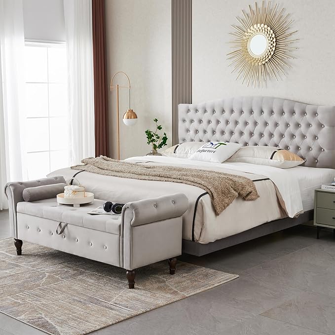 Modern Upholstered Storage Ottoman Bench, Velvet 63-inch Storage Bench with Rolled Arms for Bedroom End of Bed, Button-Tufted Ottoman with Storage for Living Room, Entryway, Gray
