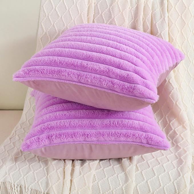 FUTEI Purple Striped Decorative Throw Pillow Covers 20x20 Inch Set of 2,Square Fall Decorations Couch Pillow Case,Soft Cozy Faux Rabbit Fur & Velvet Back,Modern Home Decor for Bed