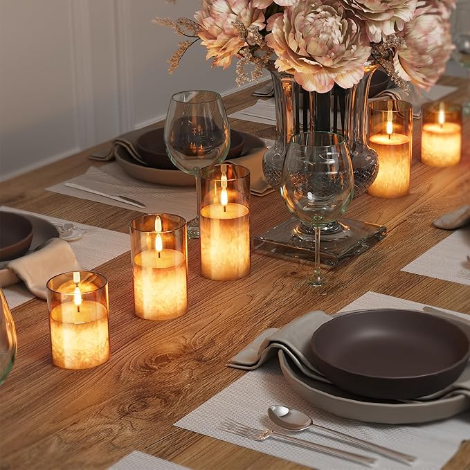 Ice Crystal Real Wax Glass Flameless Candles with Remote & Timer, Battery Operated Candles with Warm Flickering Flame, Realistic LED Candle for Wedding Home Decor [D3×H4/5"/6"] Gold, 3Pack