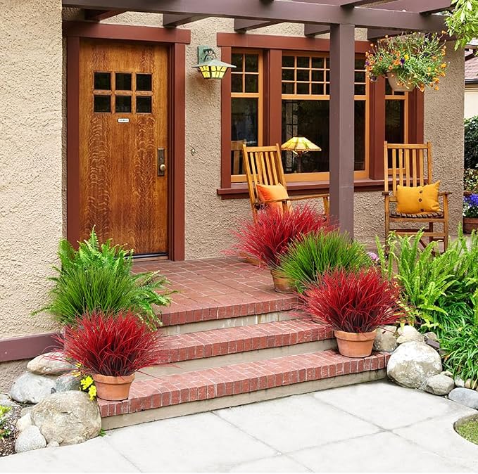 RECUTMS Artificial Shrubs Bushes, Plastic Wheat Grass Green Leaves Fake Plants Wedding Indoor Outdoor Home Garden Verandah Kitchen Office Table Centerpieces Arrangements Christmas Decoration(Red)