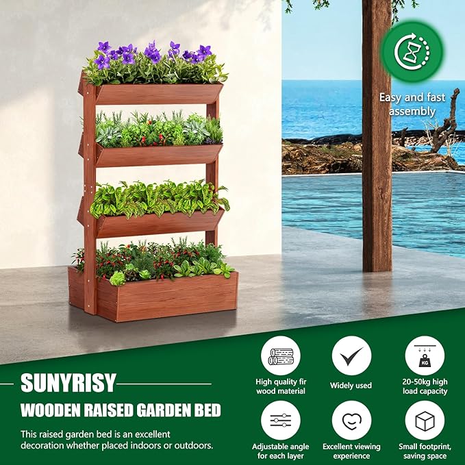 SUNYRISY 4 Tiers Vertical Wooden Raised Garden Bed Outdoor, Freestanding Garden Planter Box Stand for Planting Herbs Flowers Vegetables Outdoor Gardening