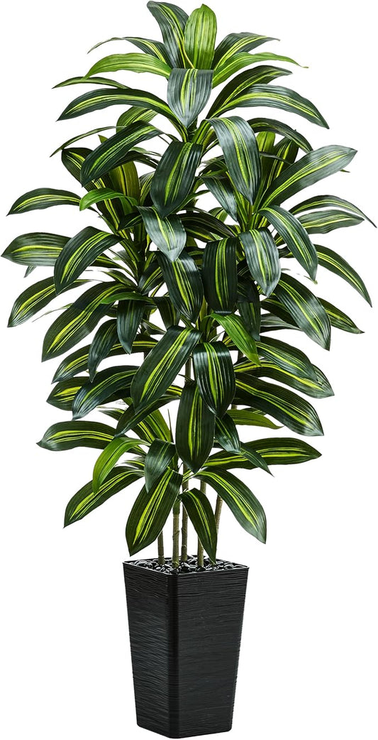 Artificial Dracaena Tree：6FT Faux Silk Tropical Yucca Floor Trees Realistic Fake Green Plant with Natural Wood Trunk & Lifelike Leaves for Home Office Decor Indoor & Outdoor (6FT,1-Pack,Black)