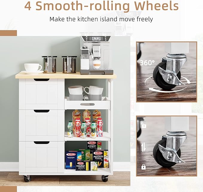 Shintenchi Kitchen Island Cart with Storage,Rolling Kitchen Island Storage Cabinet,Side Table on Wheels with Worktop,3 Open Shelves and 3 Drawers for Kitchen,Dinning Room, White