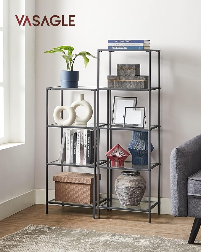 VASAGLE Bookcase, 5-Tier Bookshelf, Slim Shelving Unit for Bedroom, Bathroom, Home Office, Tempered Glass, Steel Frame, Ink Black ULGT029B61