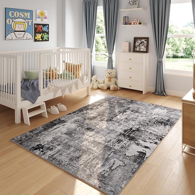 4x6 Rug Washable Boho Soft Area Rug Abstract Pattern Non-Slip Faux Wool Vintage Rug for Living Room, Bedroom Rug, Farmhouse, Dining Room, Kids Playroom, Grey and Black