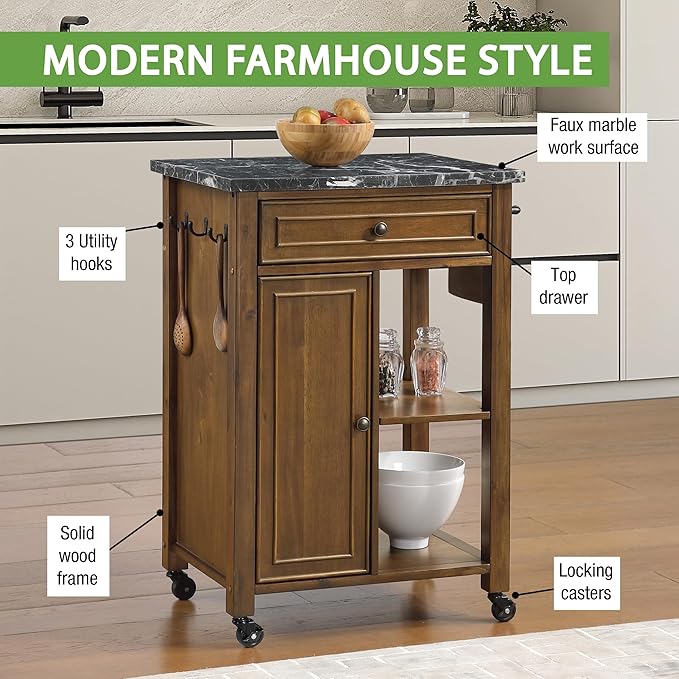 OSP Home Furnishings Fairmont Modern Farmhouse Kitchen Cart, Rolling Storage Cabinet with Drawer, Shelves, Hooks, Towel Bar, Oak Wood Finish with Faux Marble Top