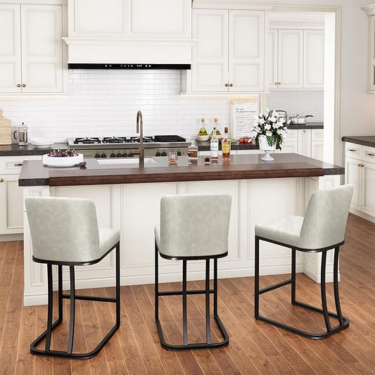 PHI VILLA Light Grey Bar Stools Set of 3, Faux Leather Counter Height Chairs, Kitchen Stools for Island, 24 Inch Barstools with Back