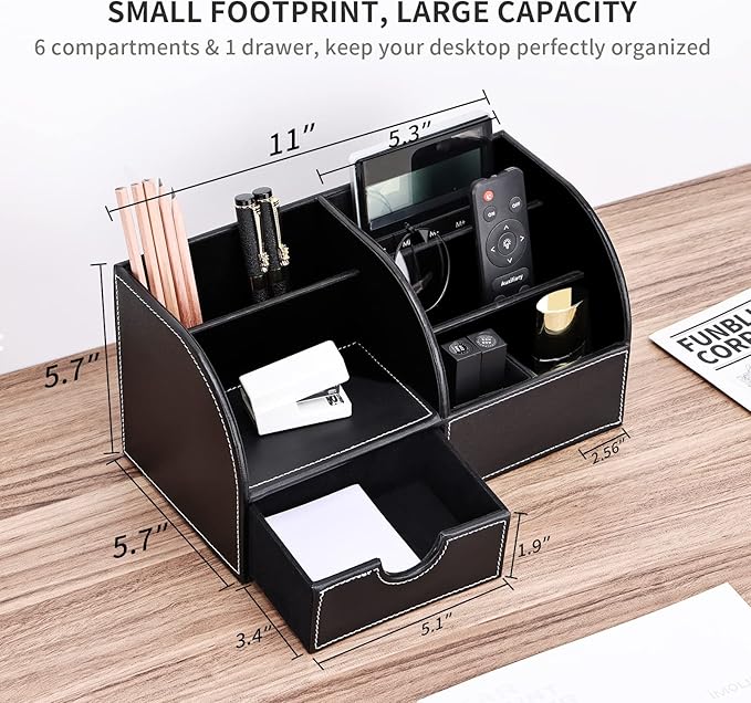 KINGFOM Pu Leather Desk Organizer Pen Pencil Holder Office Supplies Caddy Storage Box 6 Compartments with Drawer Black