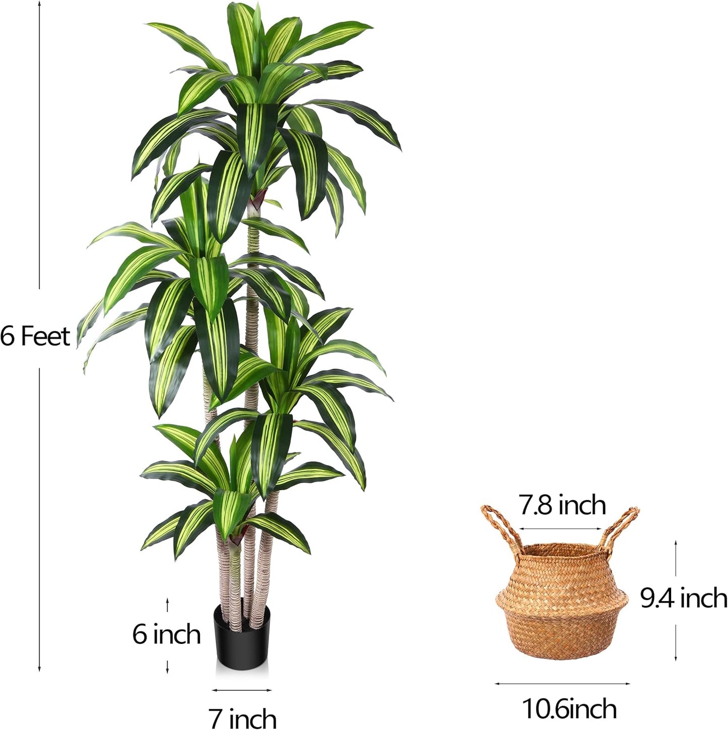 Artificial Plants, 6 Ft Dracaena Tree Faux Plants Indoor Outdoor Decor Fake Tree with Woven Seagrass Basket Plants for Home Decor Office Living Room Porch Patio Housewarming 2 Pack