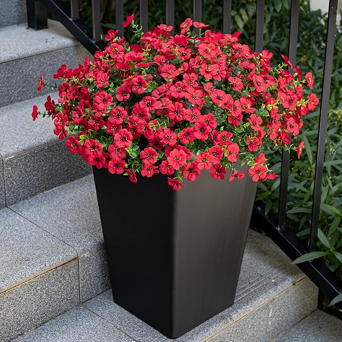 20 Bundles Artificial Flowers for Outdoor Fake Plants for Spring Decoration,Faux Eucalyptus Flowers for Planter UV Resistant Lifelike for Home Porch Garden（Red）