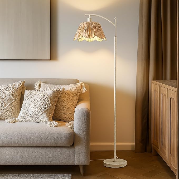 Oneach Farmhouse Floor Lamps for Living Room, Boho Floor Lamp for Bedroom with Foot Switch, Rattan Floor Lamp for Reading with Hand-Woven Shade, Antique White Metal Base & Pole