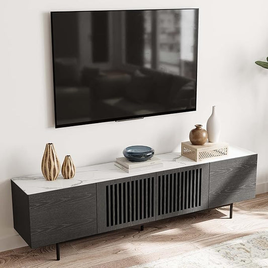 POVISON Mid Century Modern Sintered Stone TV Stand, Slatted Media Console TV Cabinet with Tall-cast Metal Legs, Fluted Entertainment Center with Storage, Fully-Assembled (Black, 78.74")