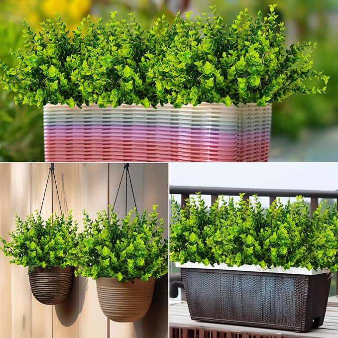 20 Bundles Artificial Plants Outdoor Fake Boxwood Shrubs Grass for Pot Garden Verandah Decor for Window Garden Office Patio Backyard Planter Pathway Front Porch (Green)