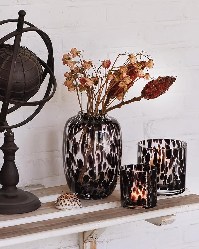 CONVIVA Decorative Glass Vase and Candle Holder Set, Fall Home Decor 3-Piece, Black Tortoise Pattern
