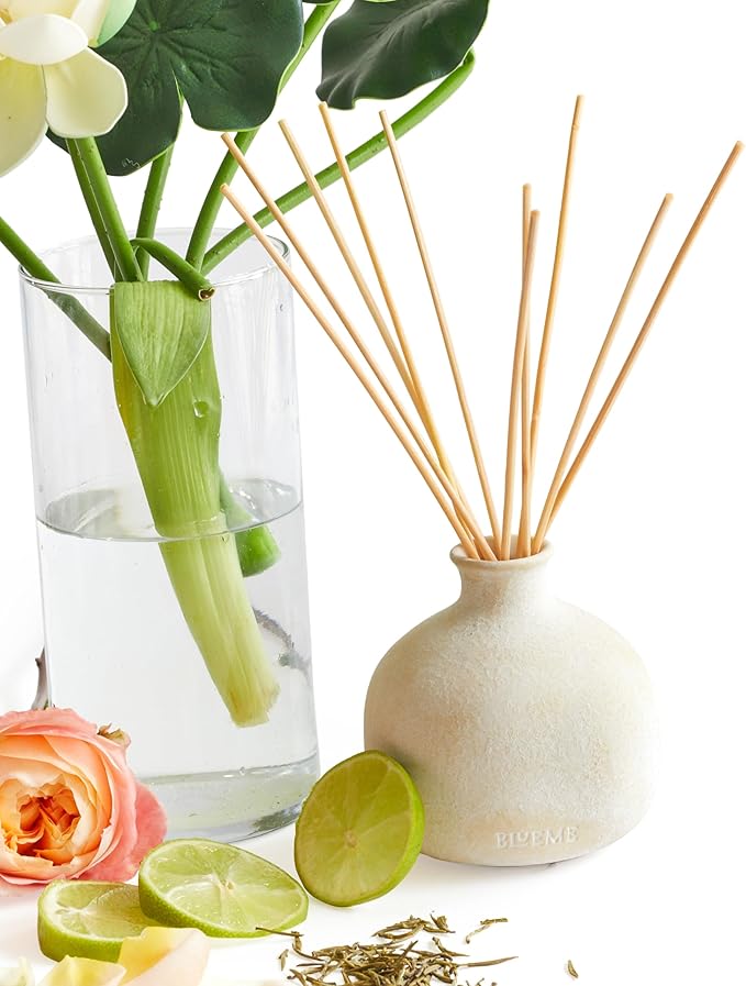 BLUEME Balance-White Lotus & Tea, 5.92 Fl Oz Wellness Diffuser, Contains Essential Oil, Sustainable, Hand Finished, Premium, Luxury Ceramic, Natural Rattan Reeds