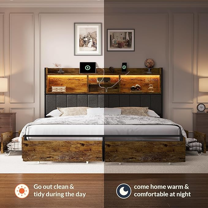 LARMACE King Bed Frame with 6 Storage Drawers, Bed Frame King Size with Linen Upholstered Headboard, Built in Charging Station and LED, No Noise, Metal Support, No Box Spring Needed,Vintage Brown