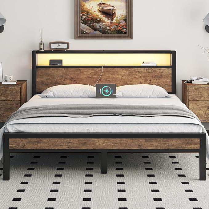 Full Size Bed Frame with Storage Headboard, Industrial Platform Bed with Charging Station and LED Lights, Heavy Duty Metal Slats, No Box Spring Need, Noise Free, Rustic Brown