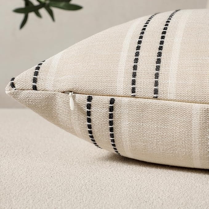 Hckot Hand Made Decorative Pillow Covers 18x18 Striped Throw Pillows Textured Linen Pillow Covers Farmhouse Decor Cushion Covers for Couch Bed Living Room, Black