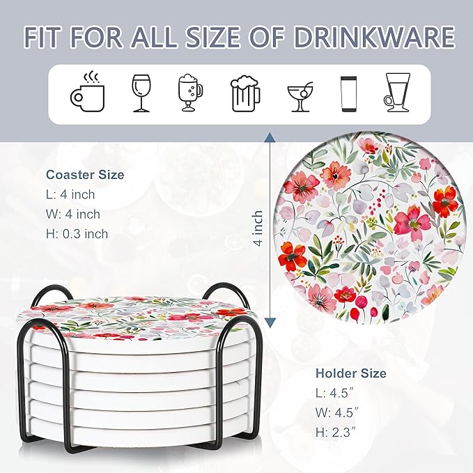 6 Pcs Coasters for Drinks with Holder, Vintage Watercolor Flowers Absorbent Ceramic Coasters with Cork Base,Cute Funny Table Drinks Coasters Tabletop Protection Mat,Table Home Decor,4 Inches