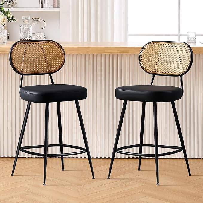BFZ Counter Height Bar Stools Set of 2, 26" Seat Height Barstools with Rattan Back and Metal Legs, Upholstered Faux Leather Bar Chairs for Kitchen Island, Home Bar, Black