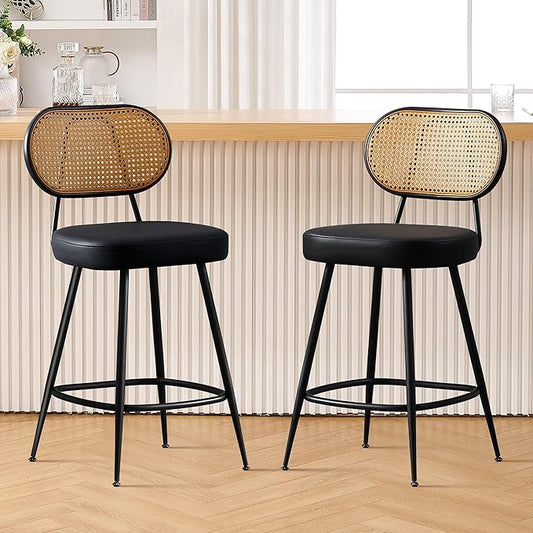 BFZ Counter Height Bar Stools Set of 2, 26" Seat Height Barstools with Rattan Back and Metal Legs, Upholstered Faux Leather Bar Chairs for Kitchen Island, Home Bar, Black