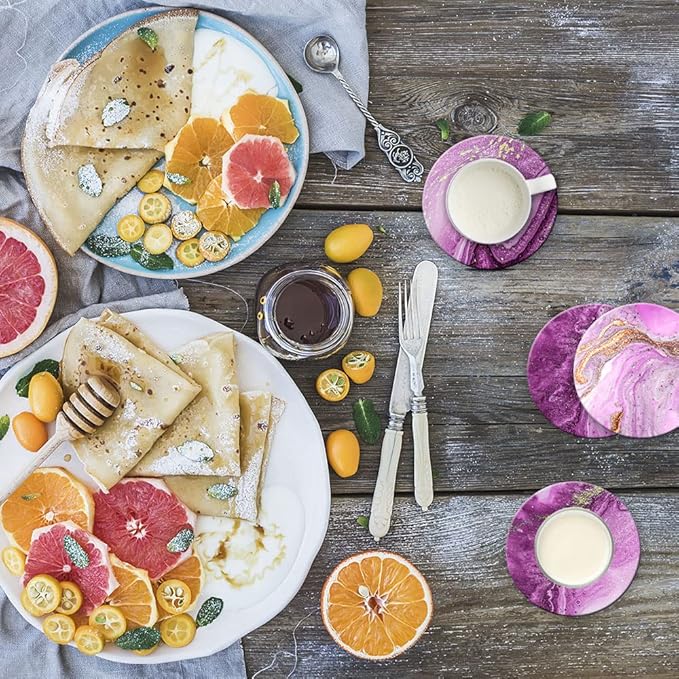 Dooke Coasters for Drinks, Round Absorbent Ceramic Stone Coasters Set of 6 with Cork Base, Funny Drink Coasters with Holder for Cold Drinks Wine Mugs and Cups Tabletop Protection, 4 Inches,Purple