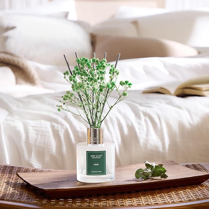 Airkeep Reed Diffuser Set, 3.38 fl oz (100 ml) - Sage Lemon Oil Diffusers with 8 Reed Sticks, Home Fragrance Reed Diffuser for Bathroom Shelf Decor