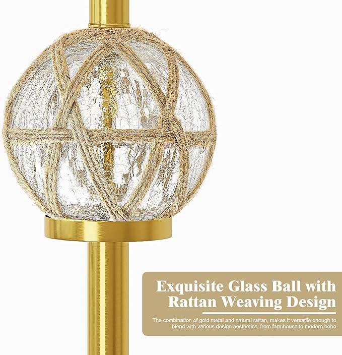Oneach 61.5” Modern Floor Lamp for Living Room, Gold Boho Standing Lamp with Rattan Glass Design, Rotary Switch, Farmhouse Tall Lamps for Bedroom Office Dining Room (Without Bulb)