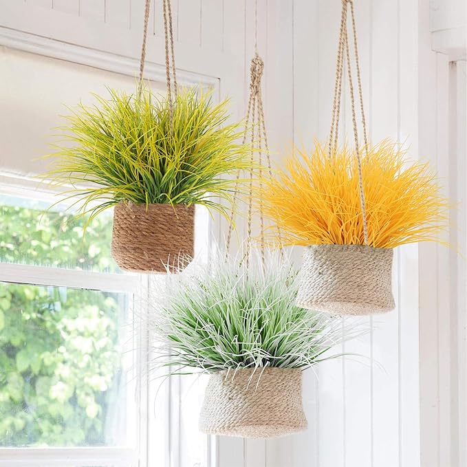 RECUTMS Artificial Grasses Outdoor Plants Tall Grass Spring Fake Grass Plant Plastic Artificial Shrubs for Planters Wedding Indoor Outside Garden Porch Home Office Window Box Decor(Pure Yellow)