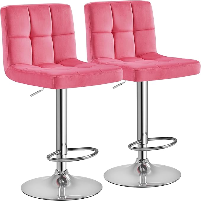 Yaheetech Pink Bar Stools Set of 2, Adjustable Velvet Barstools, Modern Counter Height Swivel Stool with Bigger Base for Kitchen Island, Pink