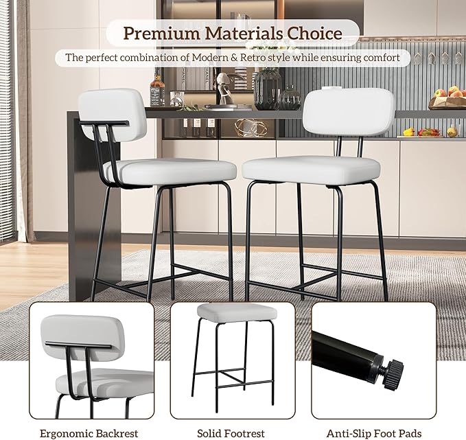 Counter Height Bar Stools Set of 2, 26" Faux Leather Kitchen Counter Stools with Backs, Metal Legs, Footrest, Bar Chairs for Kitchen Island, White