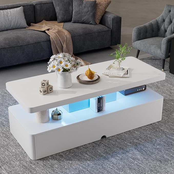 oneinmil Modern Stylish Coffee Table with 16 Colors LED Lights, Double-Layer Design for Living Room, White