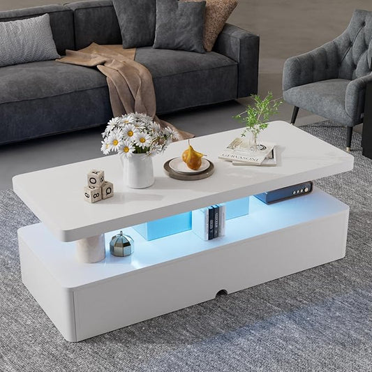 oneinmil Modern Stylish Coffee Table with 16 Colors LED Lights, Double-Layer Design for Living Room, White
