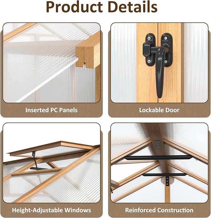 6x8 FT Greenhouse, Wooden Walk-in Greenhouse for Outdoors with 6MM Thick Polycarbonate Panel and Adjustable Roof Vents, Garden Backyard, Patio, Lawn, Wood Colour