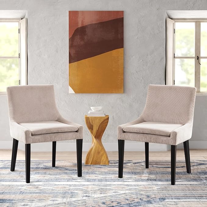 COLAMY Modern Dining Chairs Set of 2, Upholstered Corduroy Accent Side Leisure Chairs with Mid Back and Wood Legs for Living Room/Dining Room-Beige