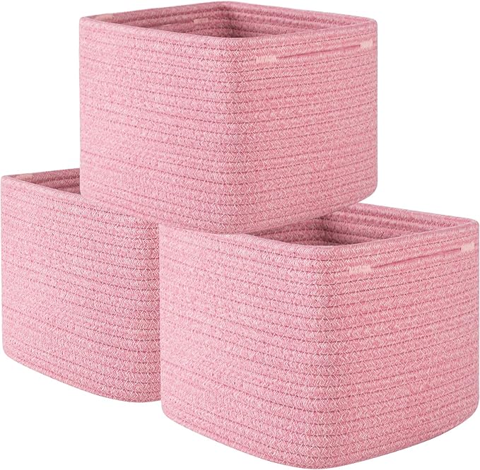 OIAHOMY 9”x9”x7” Storage Cubes, Cotton Rope Woven Baskets for Organizing, Cube Storage Bin, Small Gift Basket for Shelf, 3-Pack, Pink