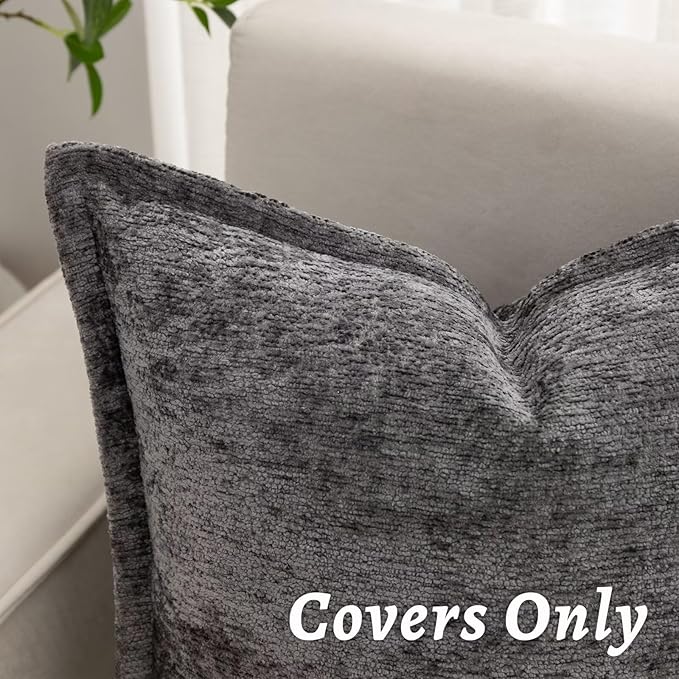 Grey Decorative Throw Pillow Covers 18x18 Inch Set of 2 Cozy Soild Chenille Cushion Cases Soft Textured Square Couch Pillows Cover Boho Accent Farmhouse Pillowcases for Sofa Bed
