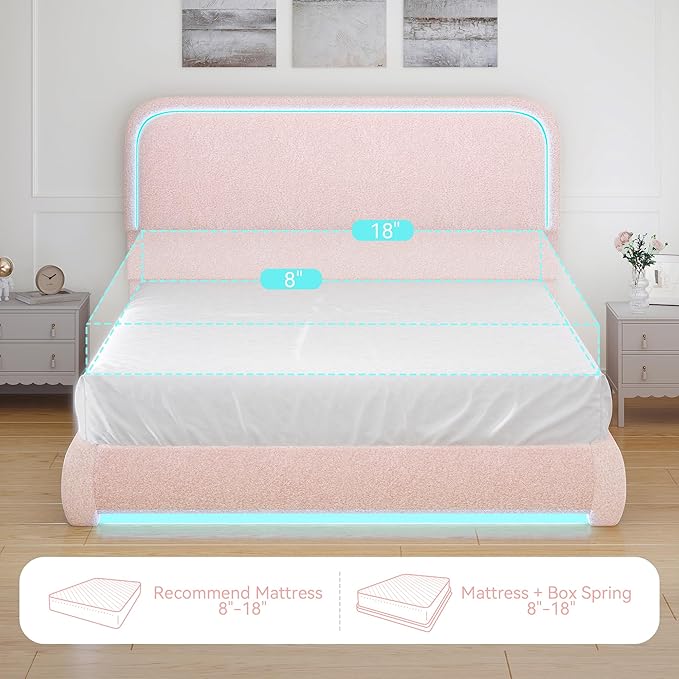 Torana Queen Marshmallow Bed Frame with Headboard and Footboard, Curved Shaped Cloud Upholstered Beds with LED Lights, Teddy Fleece Bedframe with Soft Rounded Corners and Strong Slats Support, Pink