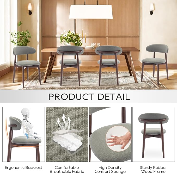 COLAMY Wooden Dining Chairs Set of 6, Modern Fabric Upholstered Kitchen Side Chairs, Farmhouse Dining Room Chairs with Foot Pegs, Green