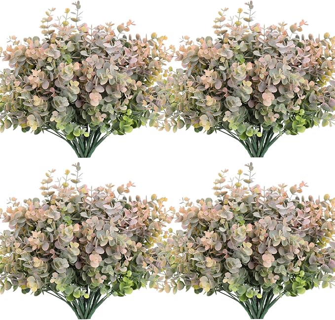 RECUTMS 12 Bundles Artificial Bushes Greenery Plants Stems Faux Shrubs Boxwood Plants Outdoor UV Resistant Fake Eucalyptus for Farmhouse Home Wedding Patio Backyard Indoor Outdoor Decor(Dusty Pink)