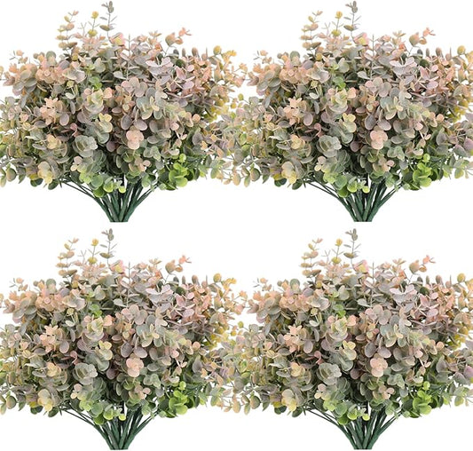 RECUTMS 12 Bundles Artificial Bushes Greenery Plants Stems Faux Shrubs Boxwood Plants Outdoor UV Resistant Fake Eucalyptus for Farmhouse Home Wedding Patio Backyard Indoor Outdoor Decor(Dusty Pink)