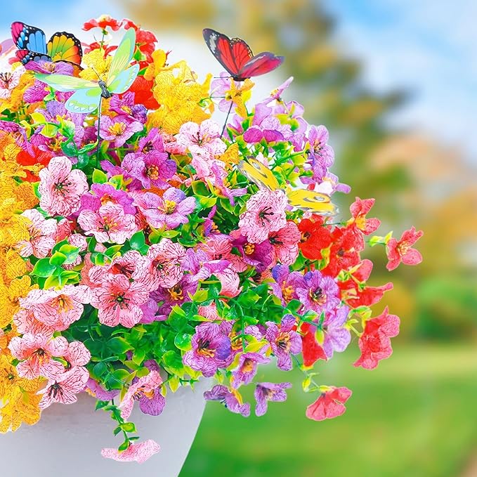 ‌20 Bundles Artificial Flowers for Outdoors‌ with 6 Faux Butterflies, UV Resistant ‌Fake Flowers‌ with Eucalyptus Leaves, ‌Artificial Plants Outdoor‌ for Patio Garden Porch Home Decor (Mix 4 Colors)