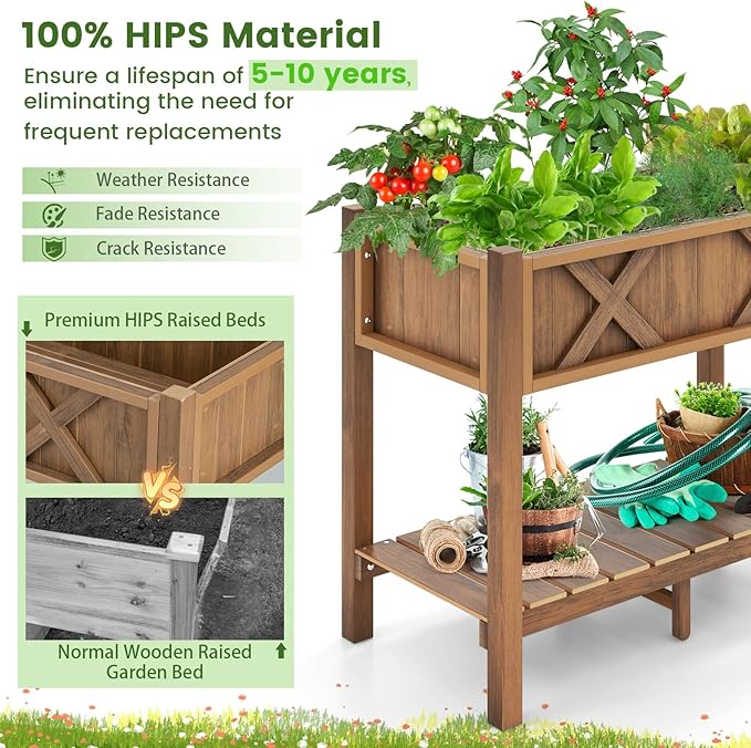 Giantex HIPS Raised Garden Bed, Elevated Planter Box w/Legs, Storage Shelf, Drainage Holes, Weather-Proof Standing Raised Beds for Backyard Porch Flower Vegetable (Coffee, 34" x 18" x 29")