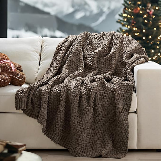 EVERGRACEHOME Chunky Chenille Knit Throw Blanket for Couch, Soft Luxurious Moss Stitch Blankets for Bed, Cozy Decorative Farmhouse Knitted Throws for Sofa, Mocha Brown, 60" x 80"