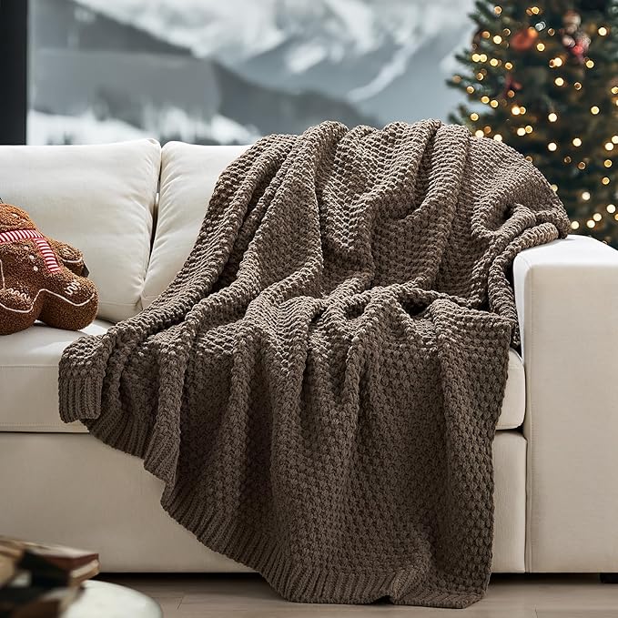 EVERGRACEHOME Chunky Chenille Knit Throw Blanket for Couch, Soft Luxurious Moss Stitch Blankets for Bed, Cozy Decorative Farmhouse Knitted Throws for Sofa, Mocha Brown, 50" x 60"